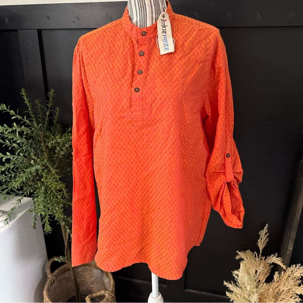 NWT Indus Route Rust Orange Long Kurta Tunic Mandarin Collar Size Medium